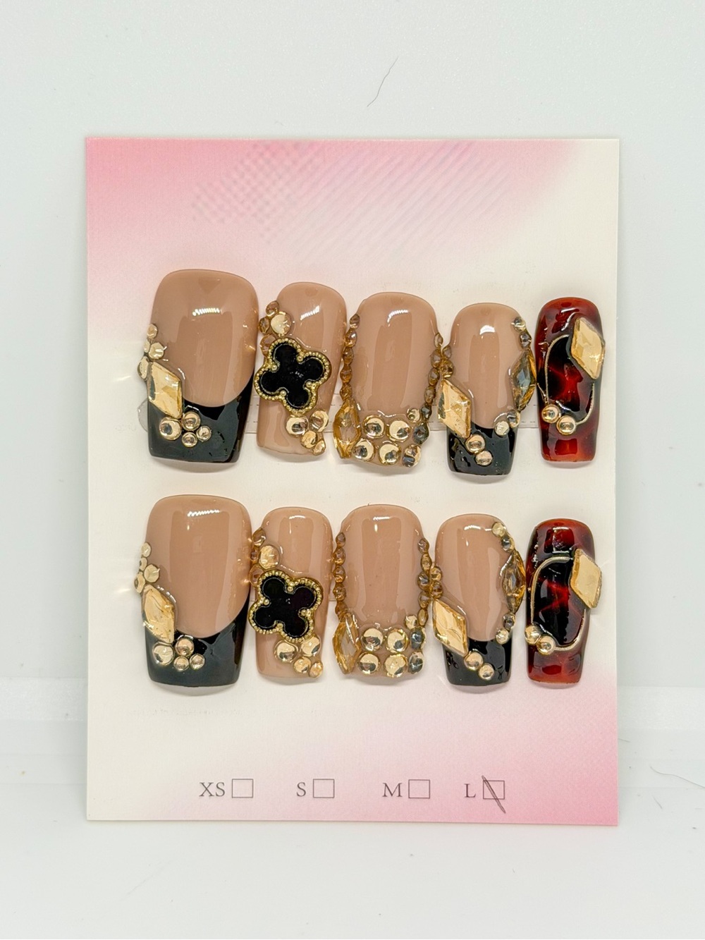 Luxury Nude and Black Press-On Nail Set with Gold Accents